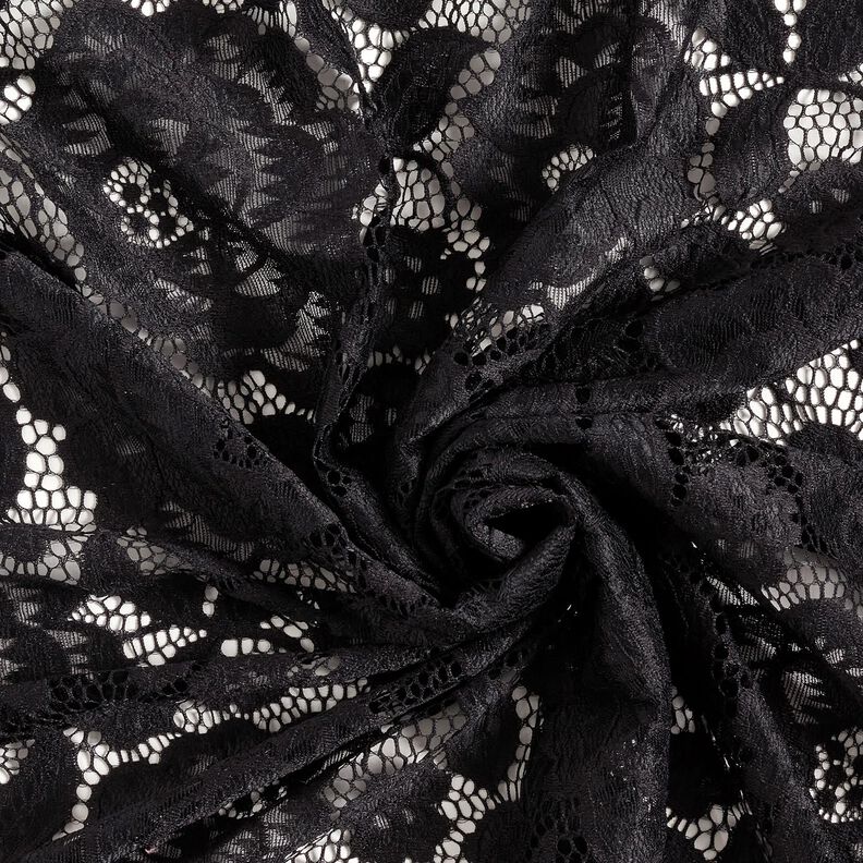 Dentelle élastique Fleurs et feuilles – noir,  image number 4