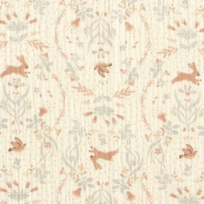 Tissu double gaze de coton Oiseau et lapin dans un jardin fleuri – écru, 