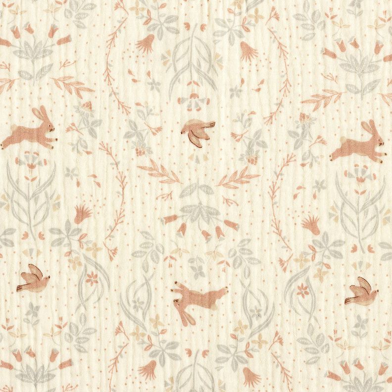 Tissu double gaze de coton Oiseau et lapin dans un jardin fleuri – écru, image number 1