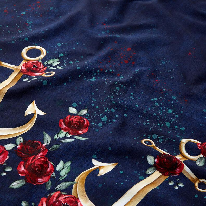 Jersey coton Ancres et roses | Glitzerpüppi – bleu nuit/or ancien,  image number 2
