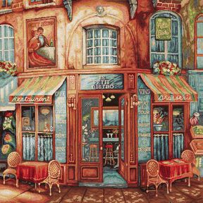 panneau décoratif Gobelin bistrot français – bleu/terre cuite, 