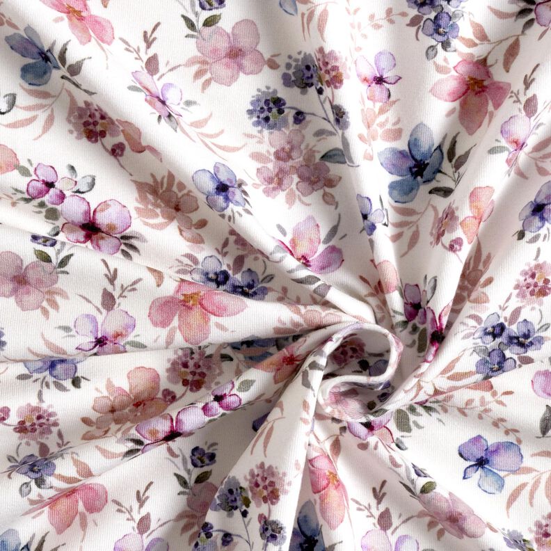 GOTS Jersey coton Fleurs aquarelle Impression numérique – écru/violet pastel,  image number 3