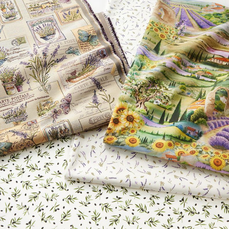 Tissu de décoration Semi-panama Paysage de lavande – vert herbe/lavande,  image number 5