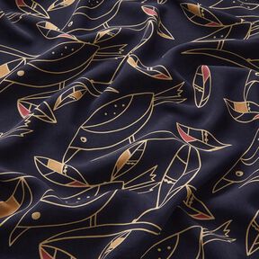 Tissu viscose Oiseaux Art Déco – bleu nuit/sable, 
