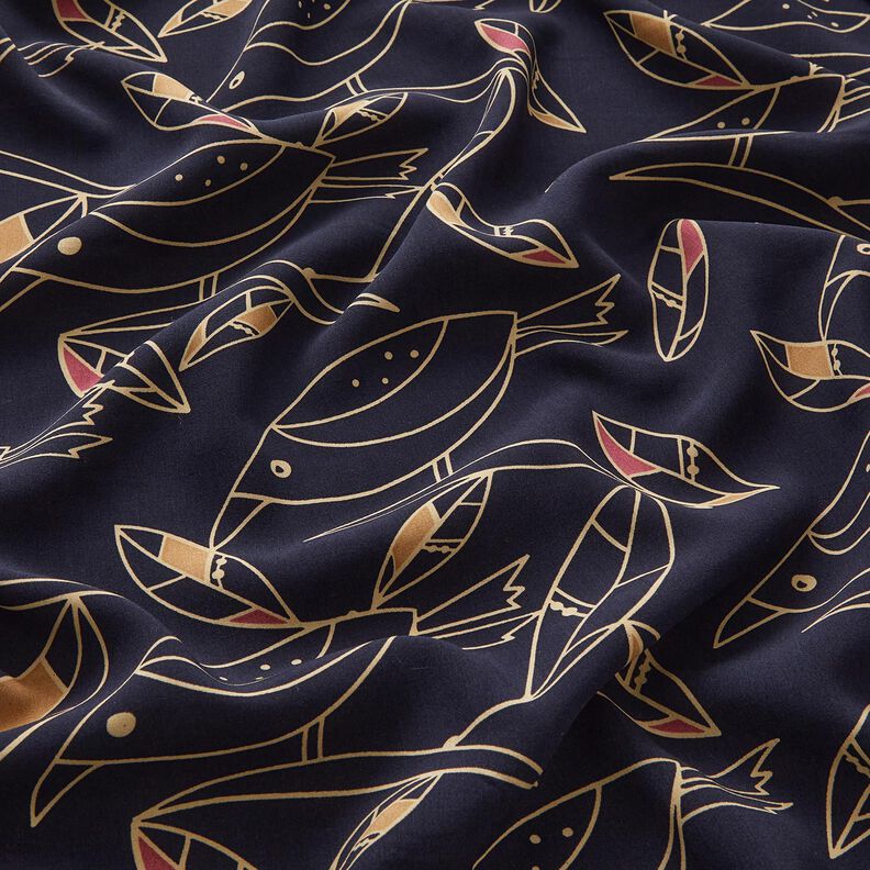 Tissu viscose Oiseaux Art Déco – bleu nuit/sable, image number 2