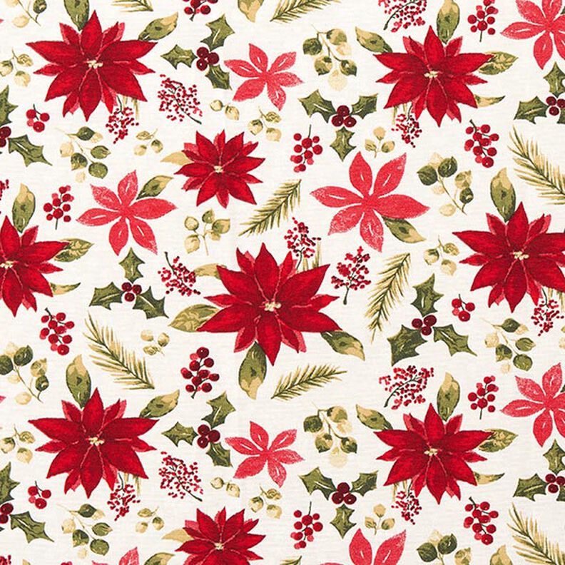 Tissu de décoration Canvas Fleurs d’étoile de Noël – écru/carmin,  image number 1