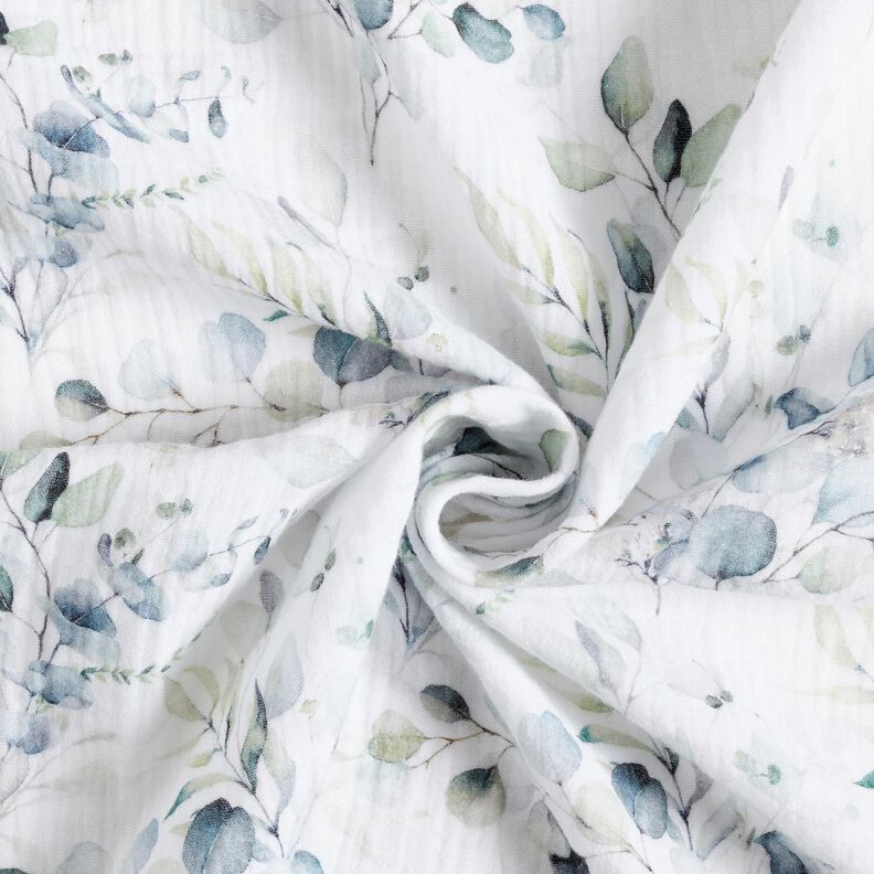 Tissu double gaze de coton Rameaux de feuilles aquarelle Impression numérique – blanc, image number 3