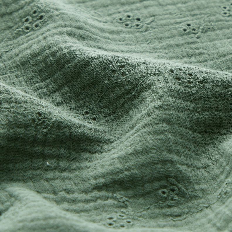 Tissu double gaze de coton Dentelle brodée Vrilles de fleurs – vert foncé,  image number 2