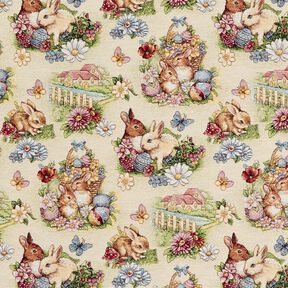 Tissu de décoration Gobelin Lapins de Pâques dans le jardin – beige clair/baies, 