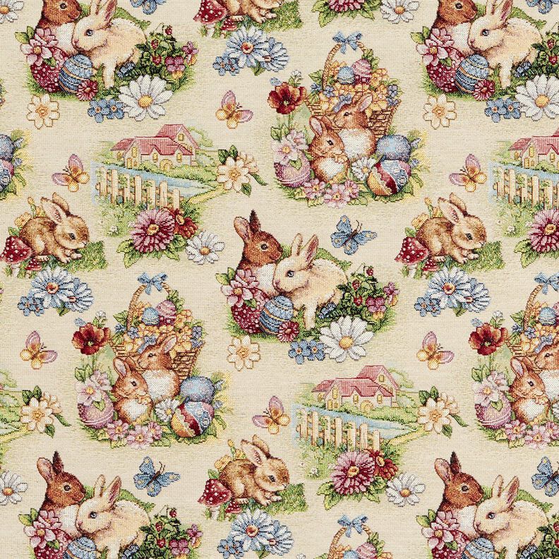 Tissu de décoration Gobelin Lapins de Pâques dans le jardin – beige clair/baies, image number 1