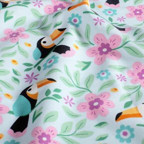 Jersey coton Toucans dans la jungle fleurie – bleu bébé/orange, 