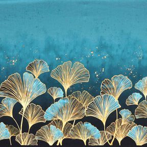 Jersey coton Tissu pour bordure Feuilles de ginkgo dorées | Glitzerpüppi – noir/turquoise, 