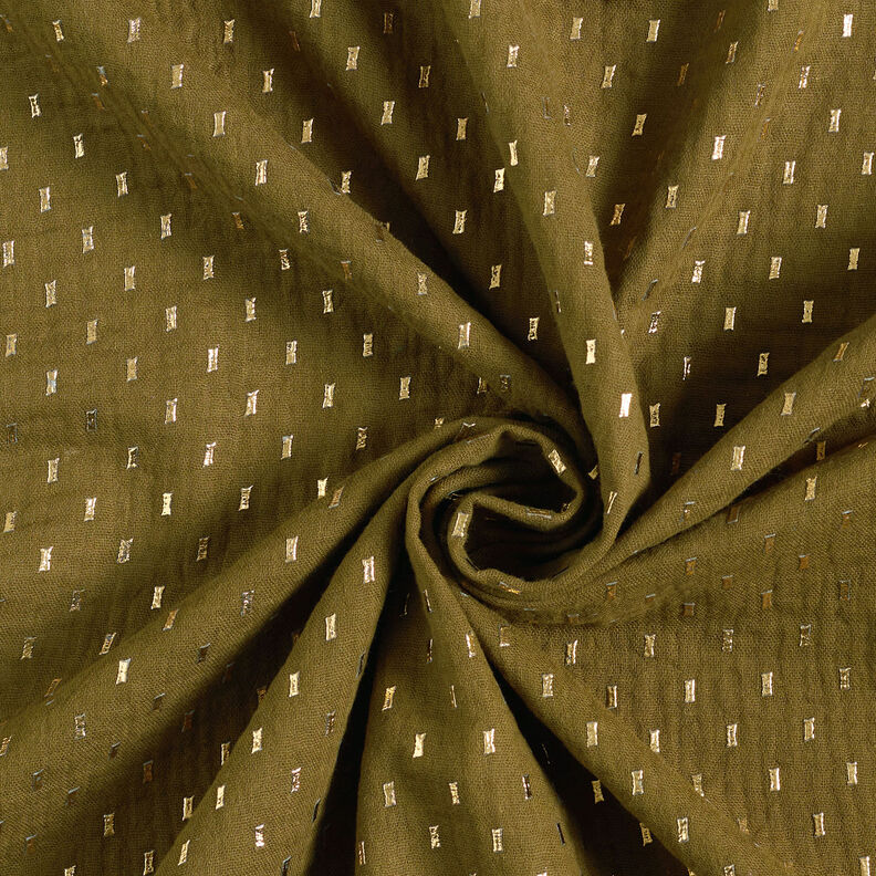 Tissu double gaze de coton Imprimé feuille Carreaux – olive foncé/or,  image number 4