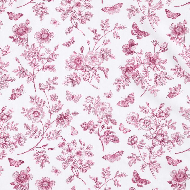 Tissu viscose Fleurs et papillons – blanc/raisin,  image number 1