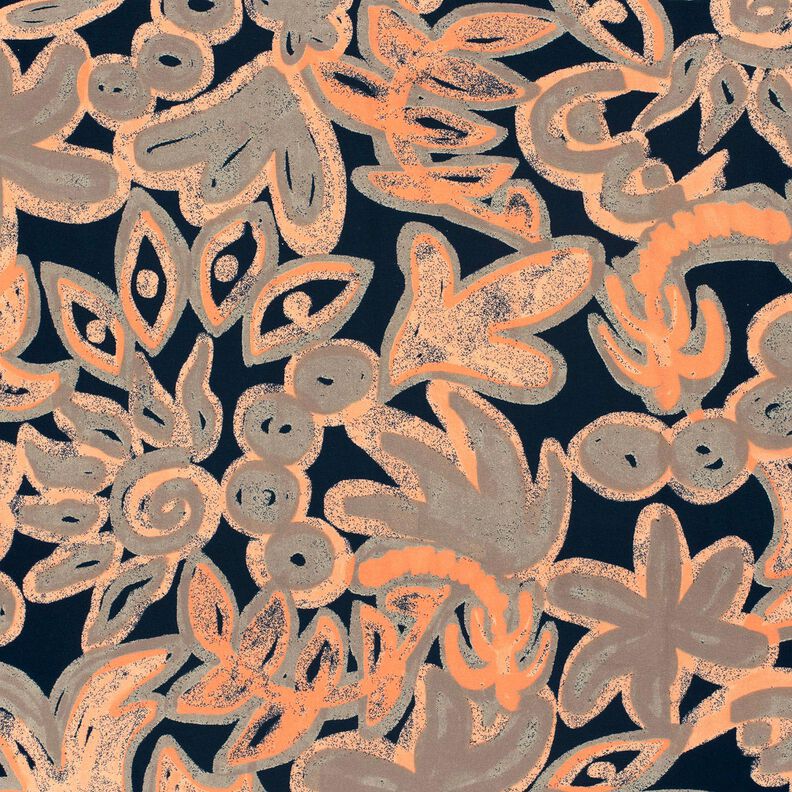 Jersey viscose Fleurs peintes – bleu nuit/orange pêche,  image number 1