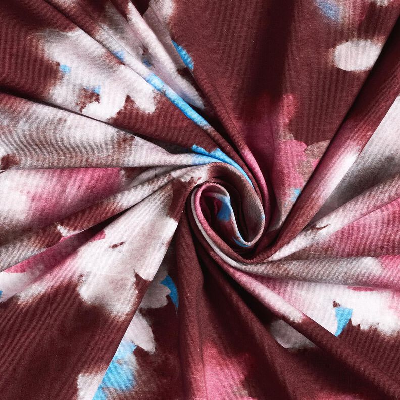 Jersey coton Imprimé numérique fleurs délavées – merlot/bleu, image number 3