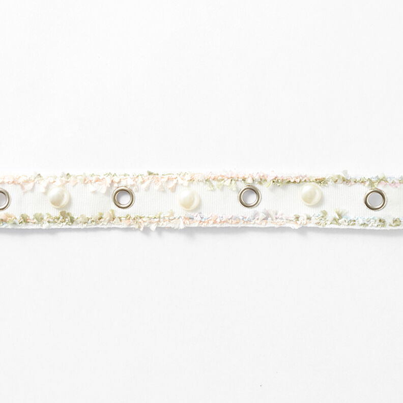 Ruban tissé Œillets et perles Pastel [25 mm] – blanc/rose,  image number 2