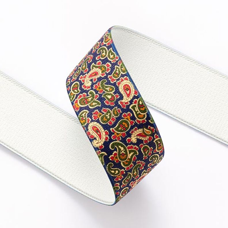 Ruban élastique Paisley [ 3,5 cm ] – bleu marine/vert,  image number 2