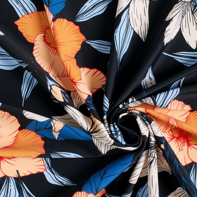 Tissus pour maillot de bain Grandes fleurs d'hibiscus – bleu noir/abricot,  image number 3
