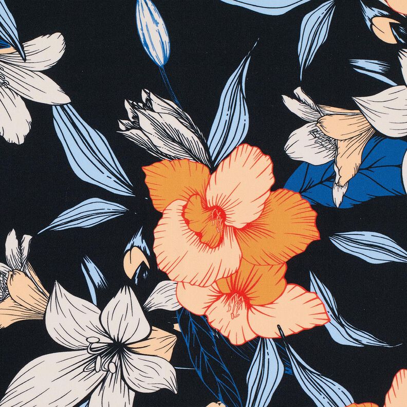 Tissus pour maillot de bain Grandes fleurs d'hibiscus – bleu noir/abricot,  image number 6