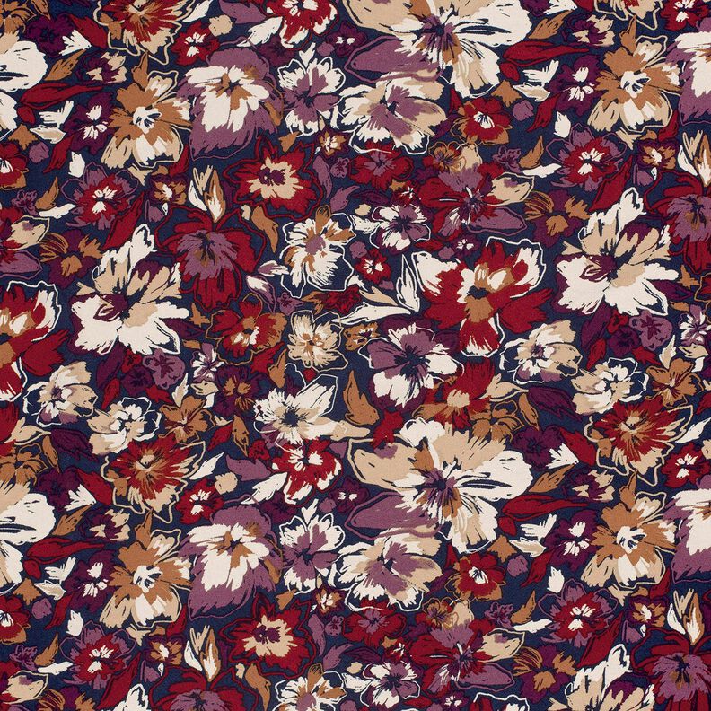 Jersey viscose fleurs expressives – bleu marine/lilas rouge,  image number 1