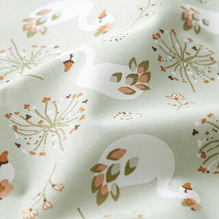 Popeline coton Cygne et fleur – vert pastel, 