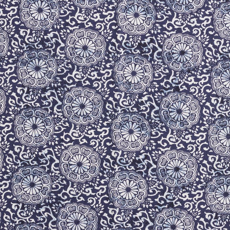 Tissu en coton Cretonne Mandala fleuri – blanc/bleu nuit,  image number 1