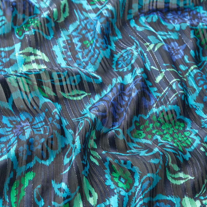 Mousseline de satin à rayures pailletées et fleurs Paisley – turquoise/noir,  image number 2