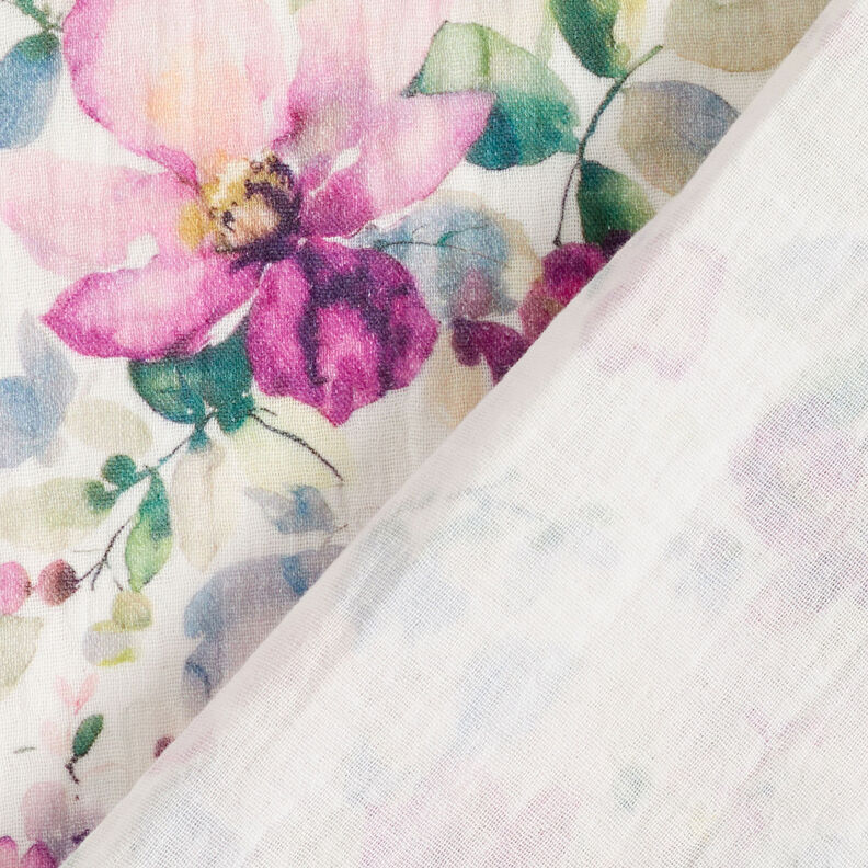 Tissu double gaze de coton Fleurs aquarelle Impression numérique | by Poppy blanc/pourpre,  image number 4
