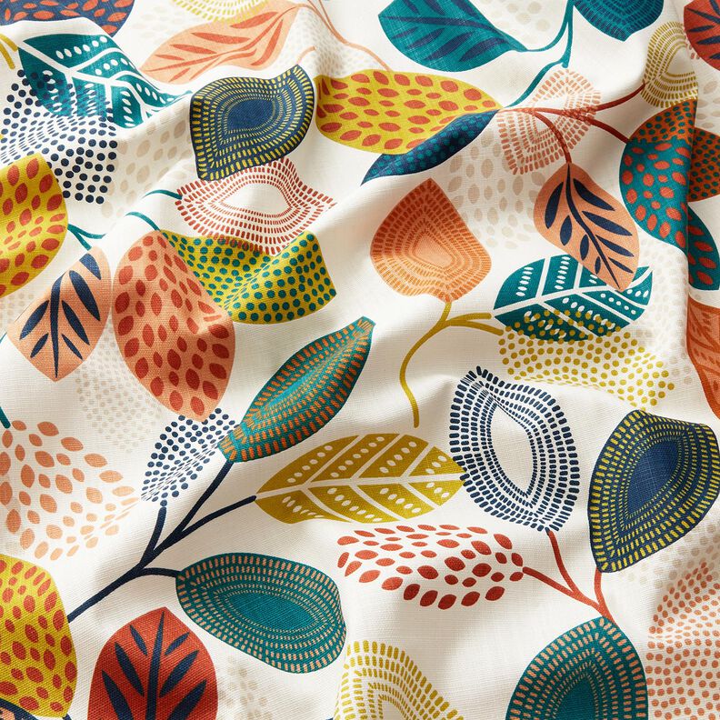 Tissu de décoration Panama Feuilles en pointillés – écru/pétrole, image number 2