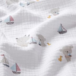 Tissu double gaze de coton Animaux et bateaux – blanc/argent, 