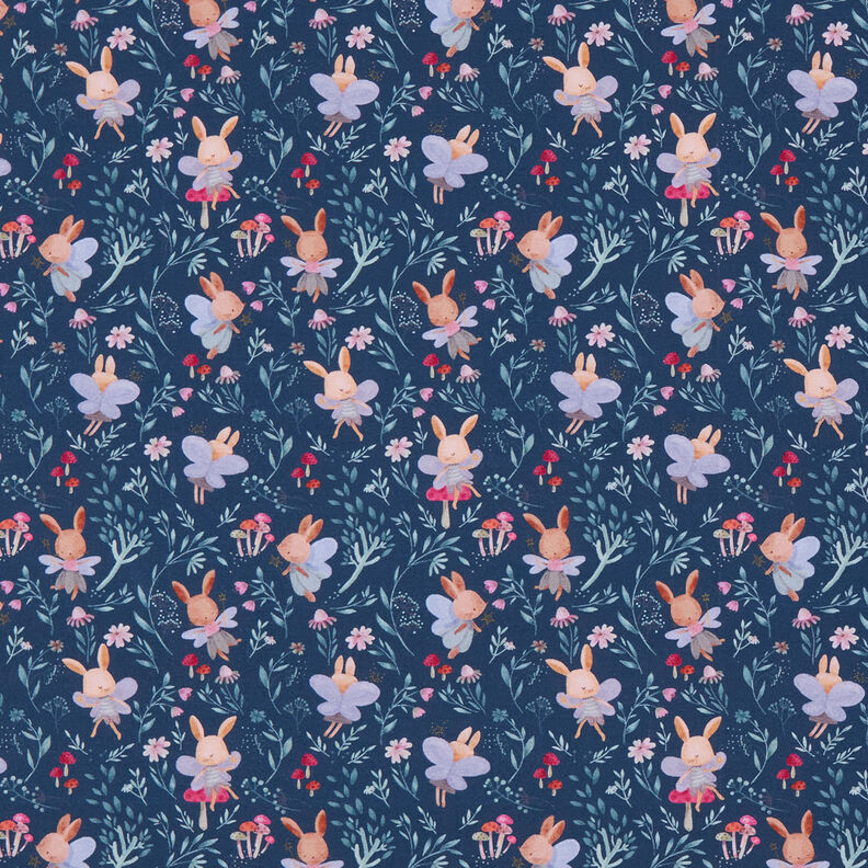 GOTS Jersey coton Fées lapins Impression numérique – bleu marine,  image number 1