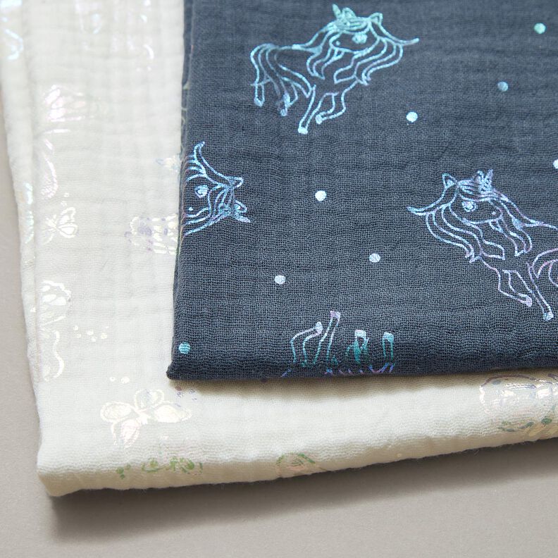 Tissu double gaze de coton Licornes Imprimé feuille – gris bleu,  image number 6