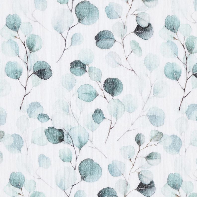 Tissu double gaze de coton Rameaux d’eucalyptus aquarelle Impression numérique – blanc,  image number 1