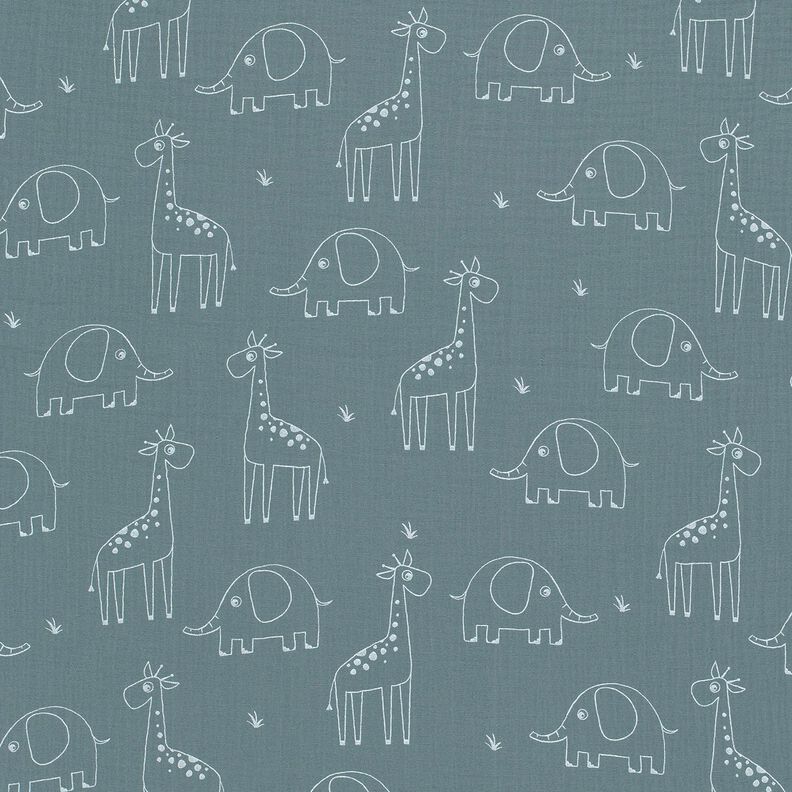 Tissu double gaze de coton Grands éléphants et girafes – bleu pigeon,  image number 1