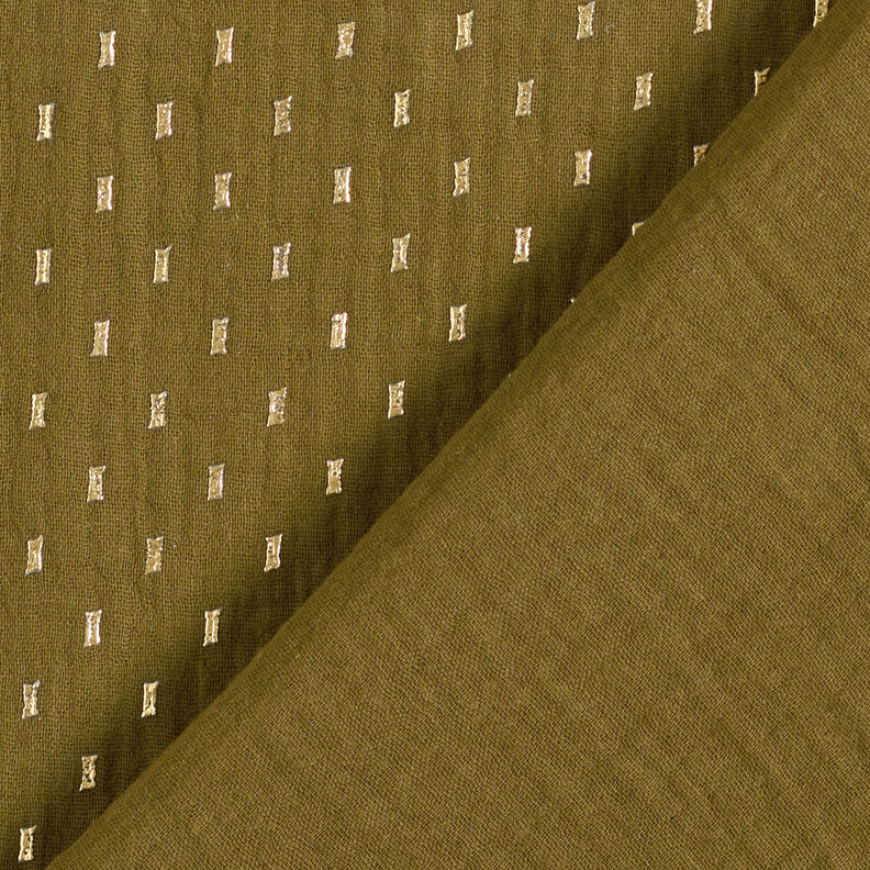 Tissu double gaze de coton Imprimé feuille Carreaux – olive foncé/or,  image number 5