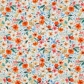 Tissu viscose Impression numérique prairie fleurie – blanc/orange, 