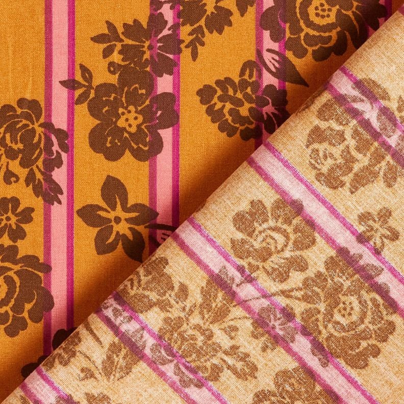 Tissu en coton Cretonne Fleurs sur rayures – jaune curry/pourpre,  image number 4