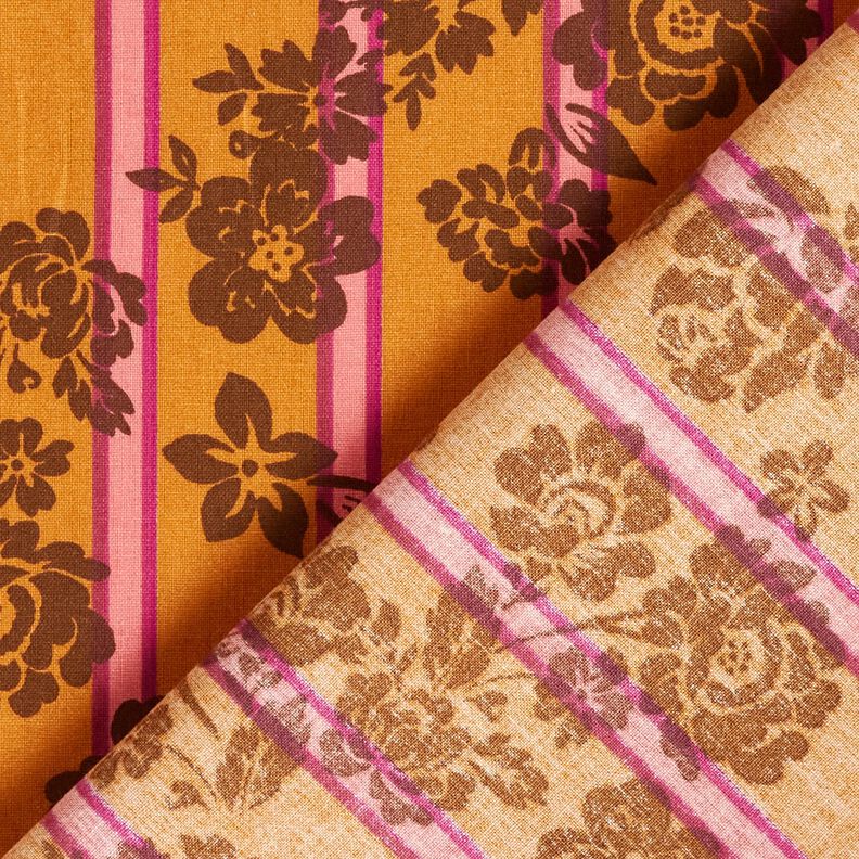 Tissu en coton Cretonne Fleurs sur rayures – jaune curry/pourpre, image number 4