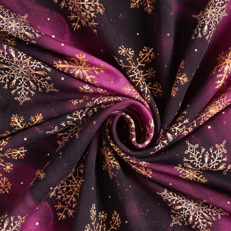 French Terry Sweat d’été Flocons de neige Voie lactée | Glitzerpüppi – aubergine/or ancien, image number 3