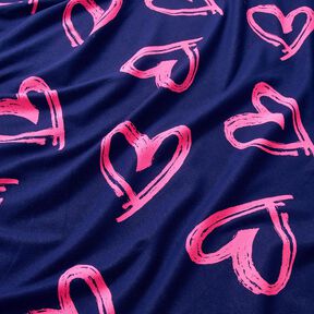 French Terry Sweat d’été Tissu look jean avec cœurs fluo – bleu nuit/rose néon, 