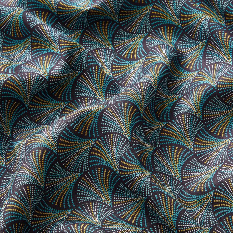 Tissu viscose Éventails rétro – bleu nuit/turquoise, image number 2
