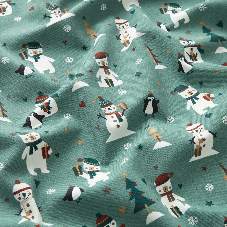Jersey coton Pingouin, ours polaire et bonhomme de neige – roseau,  image number 2