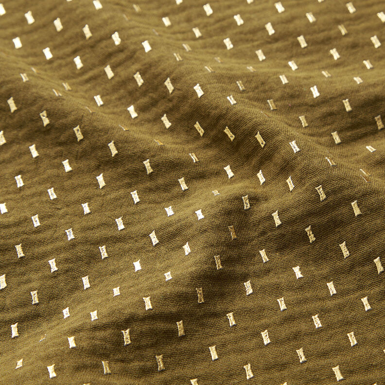 Tissu double gaze de coton Imprimé feuille Carreaux – olive foncé/or,  image number 2