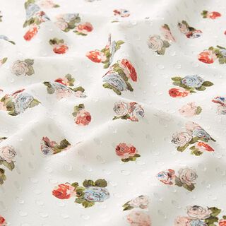Crêpe mousseline Dobby Point et petites roses – blanc, 