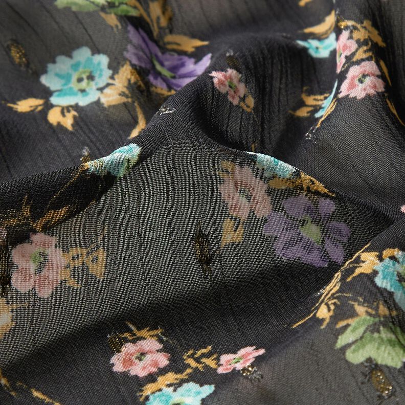 Crêpe Chiffon Fleurs et gouttes d'or – noir/or métallisé,  image number 2
