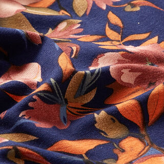 Jersey viscose superbes fleurs – bleu marine/orange, 