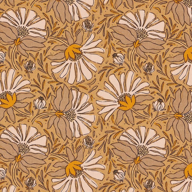 Tissu de décoration Semi-panama Grandes fleurs – beige foncé/jaune curry,  image number 1