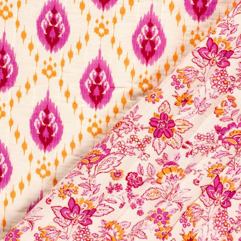 Tissu matelassé Tissu gaze de coton fleurs ethniques – écru/rose vif,  image number 1
