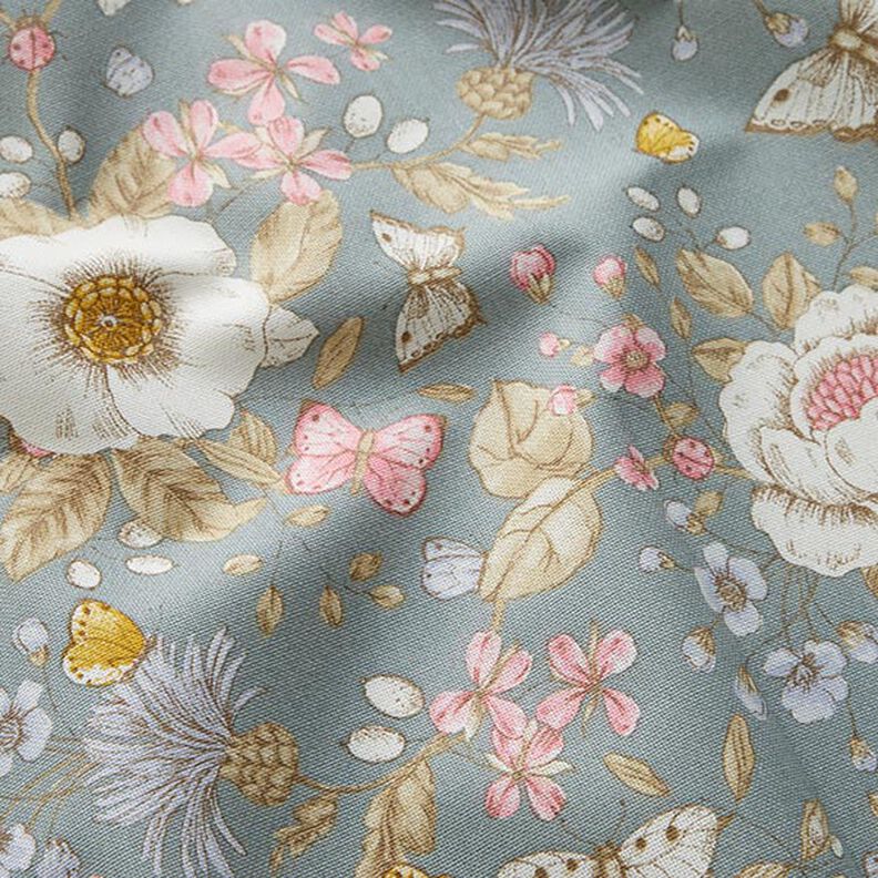 Tissu de décoration Semi-panama Jardin fleuri – bleu pigeon/rose,  image number 2